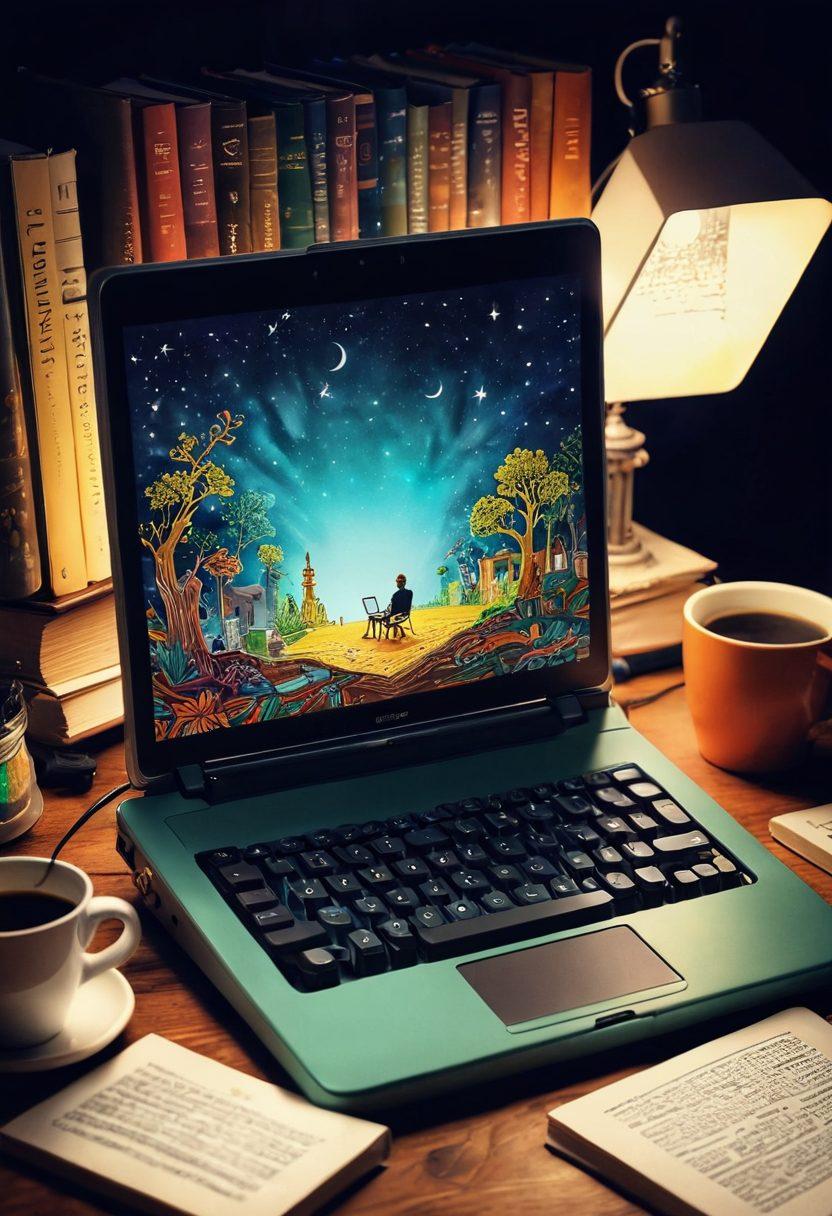 An open laptop with a glowing screen displaying vibrant storybook illustrations, showing a journey from traditional books to digital storytelling. Surrounding the laptop are scattered pages and a vintage typewriter, symbolizing the evolution of writing. In the background, a blend of diverse characters like a writer, a reader, and digital devices engaged in storytelling, radiating creativity and connection. super-realistic. vibrant colors. dynamic composition.