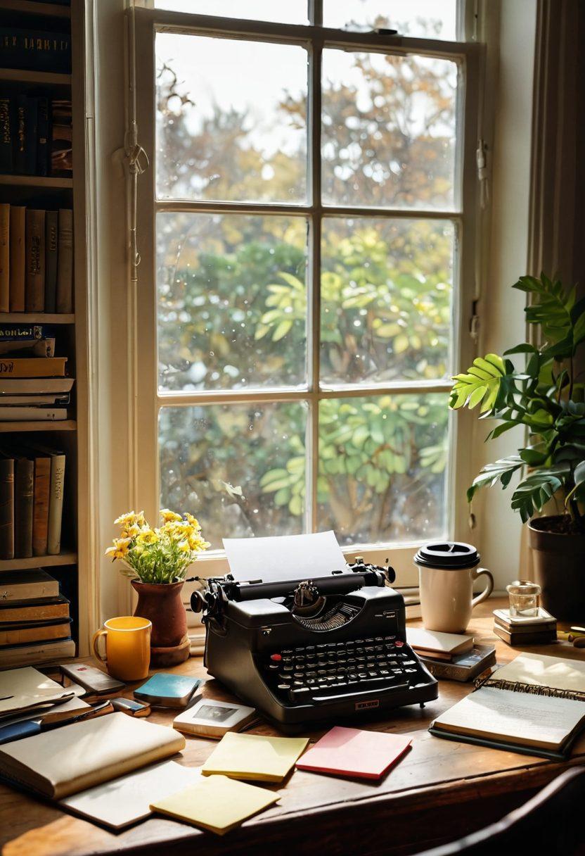 A cozy workspace filled with eclectic blogging tools such as a vintage typewriter, laptop, notebooks, and vibrant sticky notes scattered around. A large window letting in warm sunlight, creating a welcoming ambiance. An inspiring bookshelf in the background, adorned with books about writing and creativity. A steaming coffee cup placed invitingly beside a laptop, symbolizing the blogging process. The scene evokes a sense of artistry and passion for blogging. super-realistic. warm colors. soft lighting.